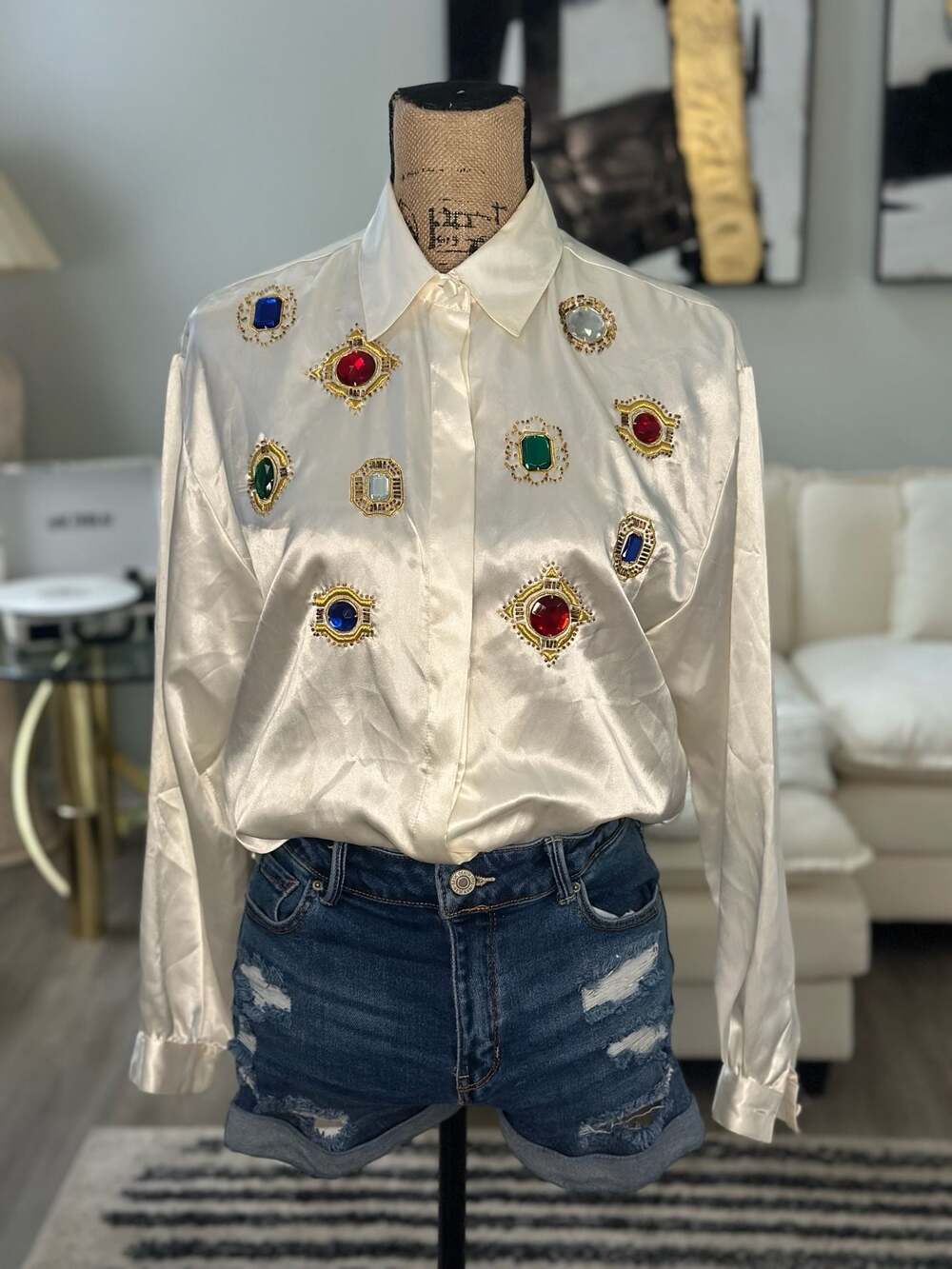 Vintage 80s Laura & Jayne Jeweled White Satin Button Up Blouse